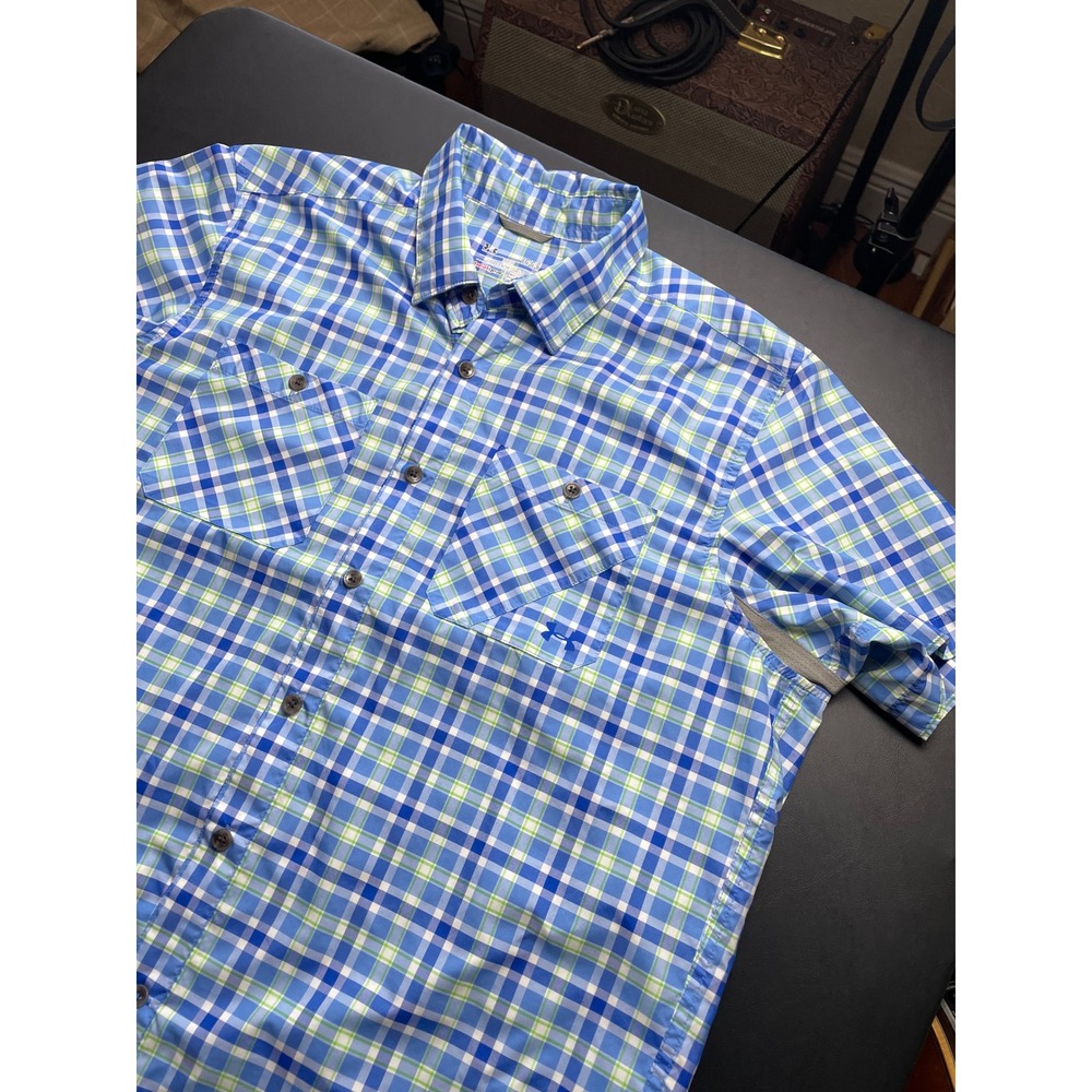 Under Armour Button Up Shirt Mens Large Blue Plaid Lightweight HeatGear